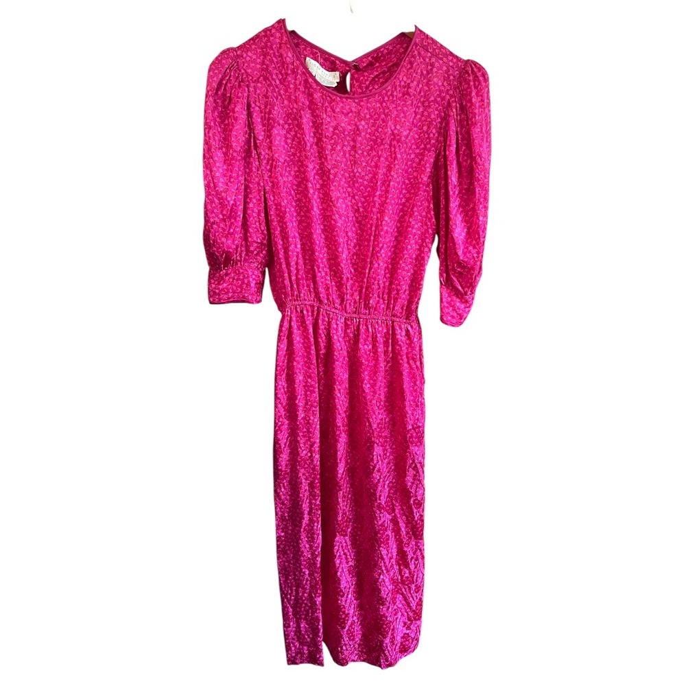 Vintage Flora Kung Pink Silk Short Sleeve‎ Floral Print Midi Dress M